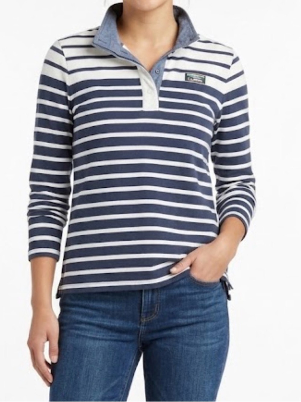 L.L. Bean Women’s S Blue White Preppy Coastal 1/4 Button Pullover 100% Cotton